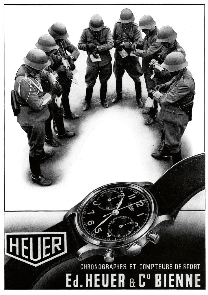 1941: La publicidad no puede ignorar la actualidad. En Suiza se teme una invasión Alemana y el ejército prepara la defensa del país. La imagen de los oficiales sincronizando sus relojes, elegida por Heuer en combinación con un cronógrafo resistente al agua, dice mucho.
