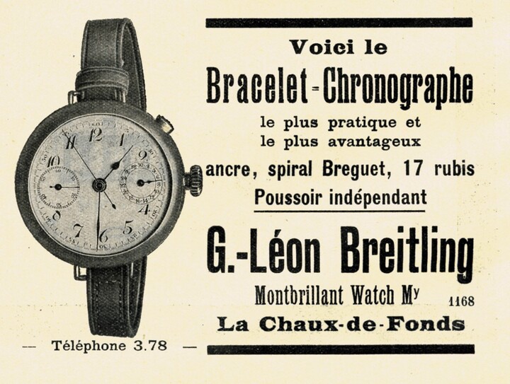 Un anuncio de 1910 del primer cronógrafo monopulsador de Breitling.