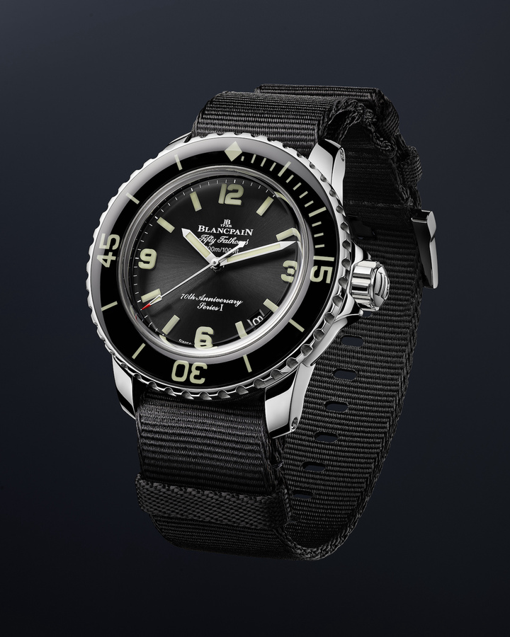 El primer lanzamiento para el aniversario del Fifty Fathom en 2023, el Fifty Fathoms 70th Anniversary Act 1 de 42 mm, retoma las características del original de 1953 y está equipado con una correa NATO YTT+ negra. Se presentó en tres series de 70 relojes, cada una dedicada a una región del mundo (EMEA, Asia-Pacífico, América), con un número del I al III en la esfera.