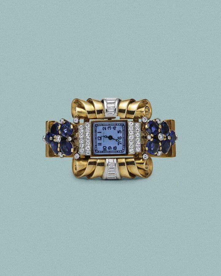 Una selección de modelos de archivo de la “primera era de la relojería” de Tiffany & Co., que datan respectivamente de 1889, 1895, 1924 y 1939.