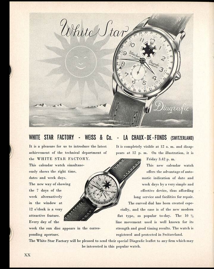 La marca White Star y su modelo Diagrafic en una edición de 1952 de Europa Star.