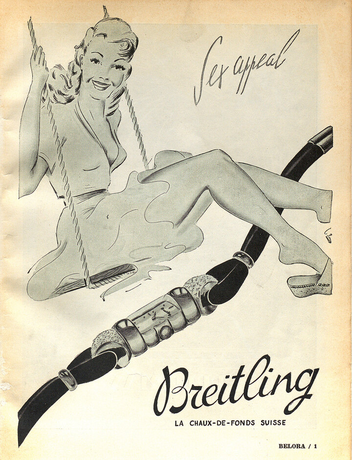 1948: El «sex appeal» de los relojes-joya: la imagen está diseñada para captar la atención no sólo de las mujeres, sino también de los hombres que podrían comprar el artículo para sus esposas o novias (Breitling).