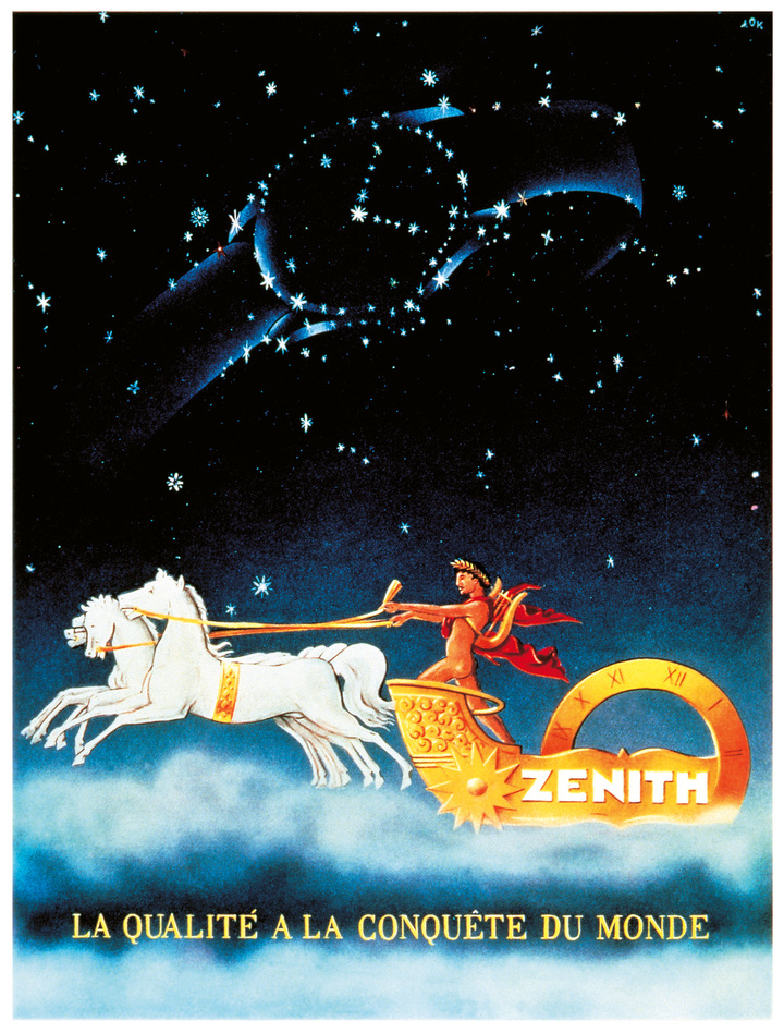 1948: Una constelación formada por un reloj ilumina a Apolo y al carro del Sol atravesando la bóveda celeste. Se trata de un ejemplo de las sofisticadas ilustraciones que caracterizan algunos de los anuncios publicitarios más llamativos de la posguerra (Zenith).