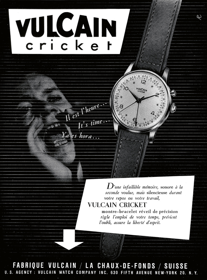 1949: “El reloj despertador de precisión Cricket administra tu tiempo, evita los olvidos y libera tu mente”: Vulcain proclama en voz alta su innovadora característica.